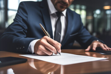 Man in a jacket signing a contract with a pen. Buying an apartment or car, signing an agreement
