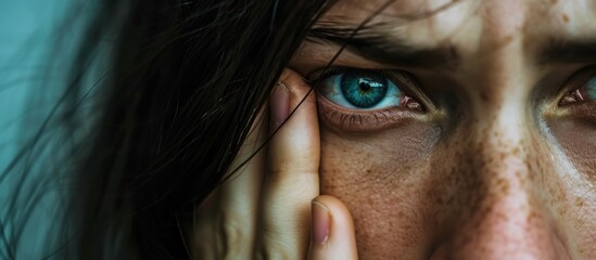 Distressed woman covering her eye for eye checkup, vision issues