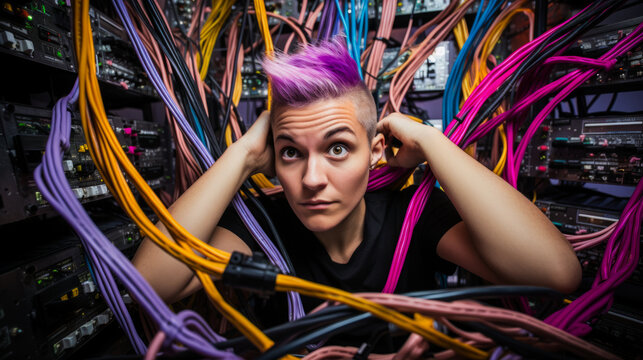 A non-binary technician wearing a  Pride  t-shirt while sitting defeated amidst a pile of network cables.