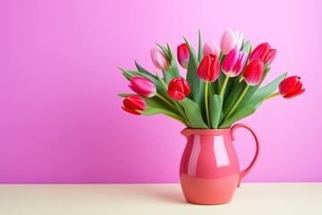 Bouquet of colorful tulips in vase on pink background