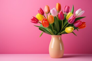 Bouquet of colorful tulips in vase on pink background - obrazy, fototapety, plakaty