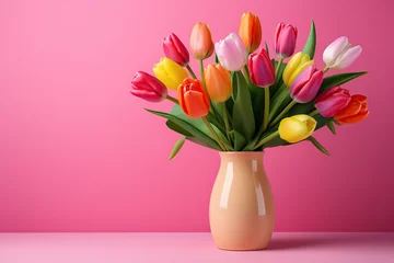  Bouquet of colorful tulips in vase on pink background © Alina