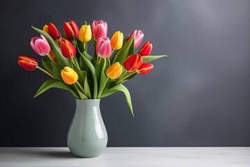Bouquet of colorful tulips in vase on black background