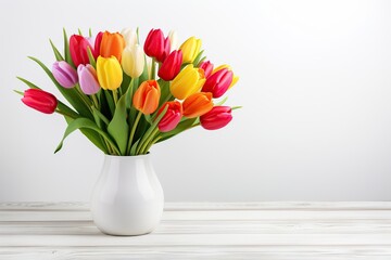 Bouquet of colorful tulips in vase on wooden background