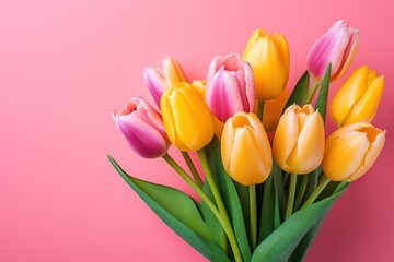 Obraz premium Bouquet of colorful tulips on pink background
