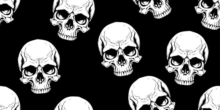 Dark background made of stylish skulls. Painted skulls peek out from the darkness. For prints, pillows, cups, notepads, clothing, seamless materials.