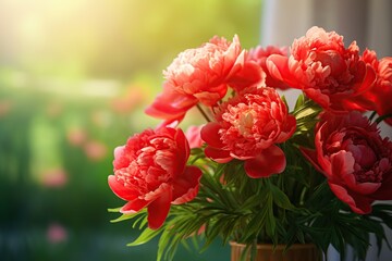 Red peony flowers on blurred green background
