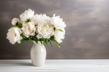 Obraz na płótnie Canvas White peony flowers in vase on wooden background
