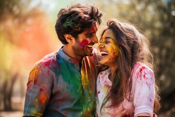 smiling couple with colorful Holi powder on faces