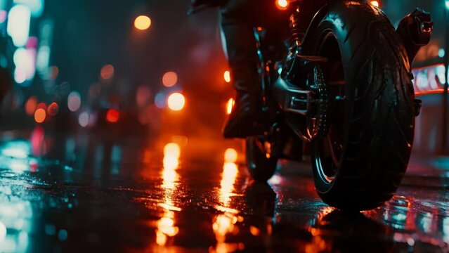 Motorbike close-up in a neo noir megacity cyberpunk environment with night lights and rainy weather animation
