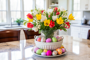 Obraz na płótnie Canvas Spring Freshness: Tulips and Easter Eggs on the table in the bright modern kitchen interior