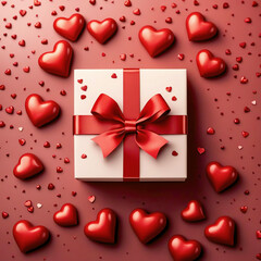Gift or present box with red ribbon with red hearts on table top view. Valentine day festive background. Flat lay