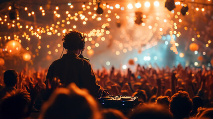 Dj mixes the track in the nightclub at a music festival.