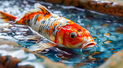 Koi fish in a ceramic bowl on the background of green leaves. 