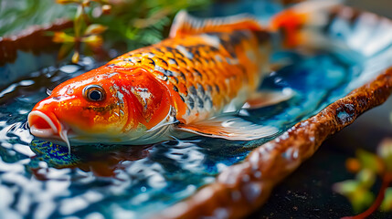 Obraz na płótnie Canvas Koi fish in a ceramic bowl on the background of green leaves. 