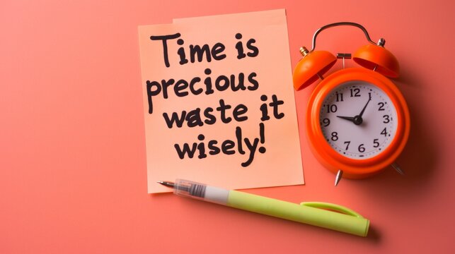 Text TIME IS PRECIOUS WASTE IT WISELY written on the sticker  with alarm clock on light red  background.