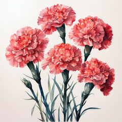 Carnation watercolor illustration. Red carnations. Flowers. Bouquet of carnations. Spring, summer. Mother's Day, Birthday. For printing on greeting cards, invitations, stickers.