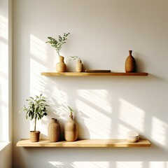 Wood floating shelf on white wall. Storage organization for home. Interior design of modern living room, Generative AI