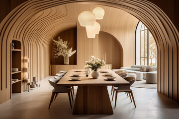 Minimalist interior design of modern dining room with abstract wood paneling arched wall, Generative AI
