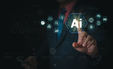 Ai tech, businessman touch on virtual graphic Global Internet connect to Chat with AI, Artificial...