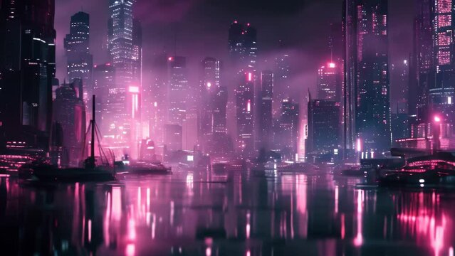 Calm cyberpunk ambience with neo noir megapolis in neon lights and a lake with a boat cinematic cityscape