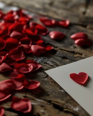 Romantic Red Rose Petals and Love Letter on Wooden Background. Generative AI.