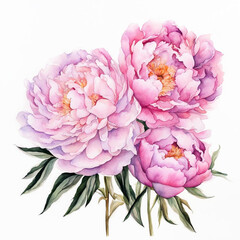 Pink peonies watercolor illustration. Blooming peonies. Bouquet of peonies. Spring, summer. Mother's Day, Birthday. For printing on greeting cards, invitations, stickers.