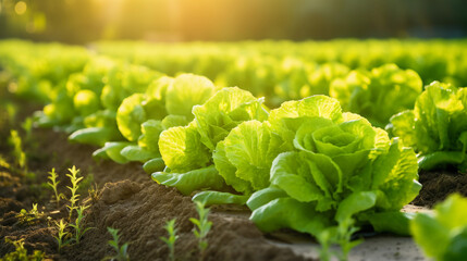 Rows of Fresh Lettuce Heads in an Agricultural Field Showcasing Farming Excellence