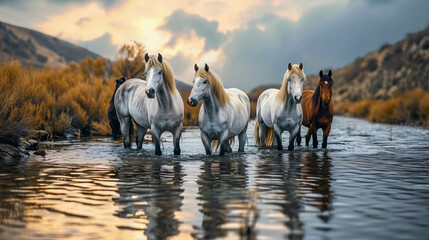 Herd of Camargue horses in a lake at sunset in the mountains. Colorful autumn landscape. 
