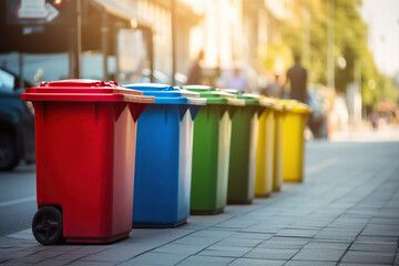 Colorful recycle bins with recycle symbol in the city