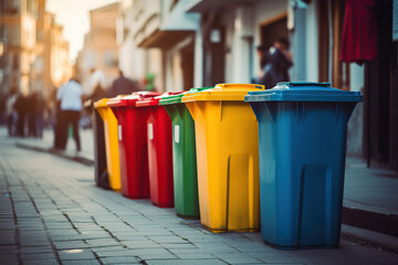 Colorful recycle bins with recycle symbol in the city