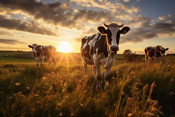 Cows grazing on a field with sunset sky - obrazy, fototapety, plakaty