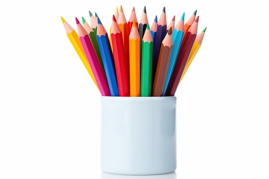 Colorful pencils in pencil box on white background