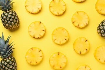 Ripe sliced pineapples on yellow background