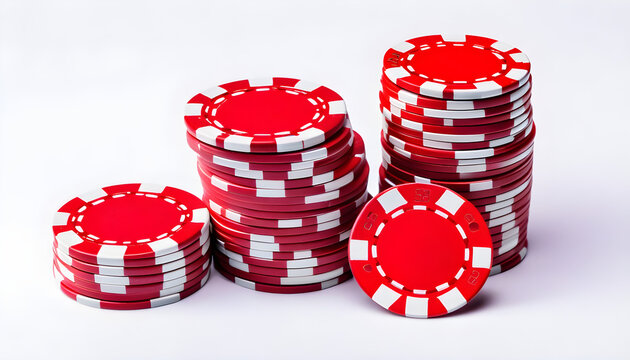Stack of red poker casino chips isolated on white. Gamble, gaming, casino, poker concept created with generative ai	
