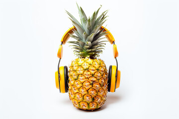 Ripe pineapple with headphones on white background