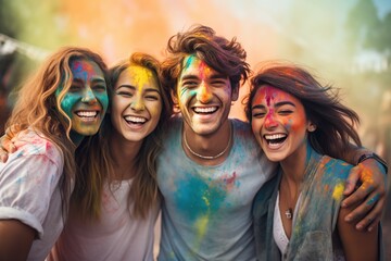Happy friends with face smeared with colors on holi festival