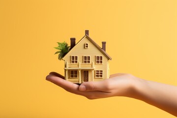Fototapeta na wymiar Small wooden house on female hand on yellow background