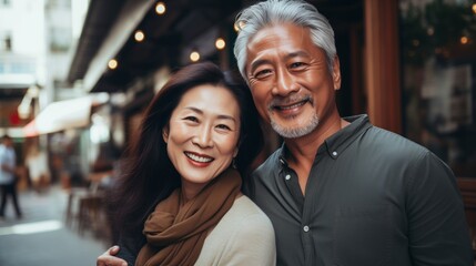 Portrait Asian middle aged couple in urban city - obrazy, fototapety, plakaty