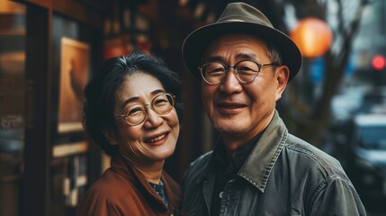 Portrait Asian middle aged couple in urban city - obrazy, fototapety, plakaty