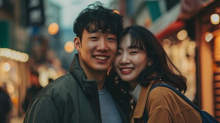 Obraz premium Portrait young Asian Korean couple in urban city