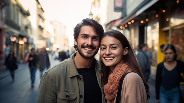 Modern urban couple, a young Latin couple, smiles happily.
