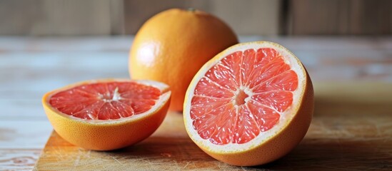Grapefruit's nutrition details: half grapefruit, low calories, high fiber, vitamins. - obrazy, fototapety, plakaty