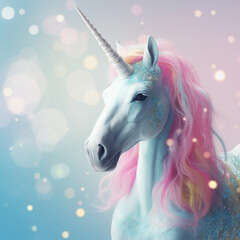 Obraz na płótnie Canvas Beautiful unicorn on a background of bright colored lights. Fantasy realism, pastel colors