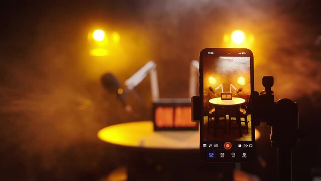 Behind the scene of recording podcast with smartphone vertical video 4K
