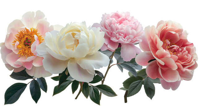 A collection of soft pastel peonies and roses ideal for wedding or Mother's Day designs, isolated on a transparent background.