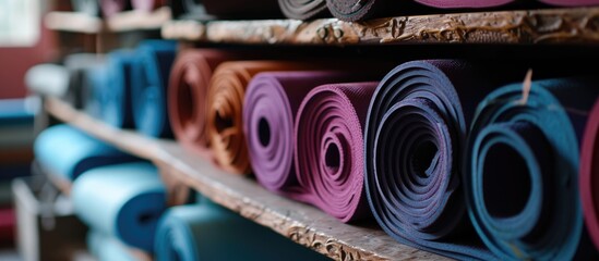 Rolled-up yoga mats stored on a shelf in the closet. - obrazy, fototapety, plakaty