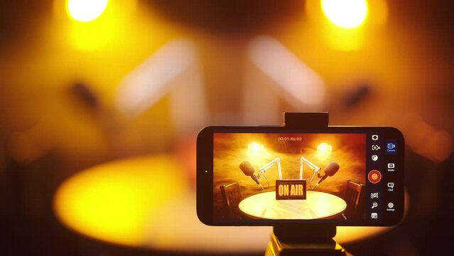 Podcast studio recording from behind the smartphone camera refocus on sign 4K