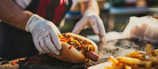 Fototapeten Chef's gloved hands stuff fresh, roasted hot dog at barbecue festival in city park. © TheWaterMeloonProjec