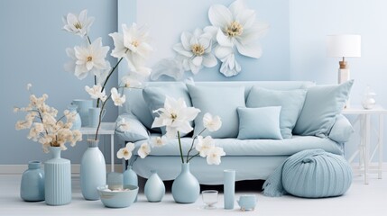  a living room with a blue couch and a bunch of white flowers in vases and vases on the floor.